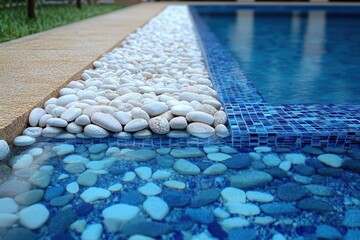 close-up of tranquil swimming pool edge with blue mosaic tiles, a row of smooth white pebbles, submerged decorative stones and clear reflective water