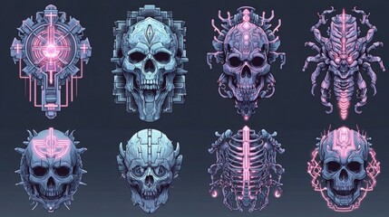 Neon tattoo design vectors with glowing outlines, futuristic motifs, cyberpunk style suitable for digital artwork, NFT designs, and tattoo concept art.