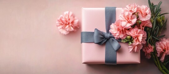 pink wrapped gift box with gray ribbon and bow surrounded by pink carnation flowers and green stems on a soft pastel background, delicate romantic and elegant mood