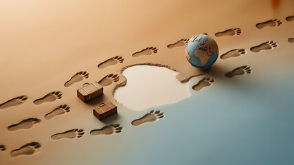 Footprints leading to a globe with a cracked surface and luggage, symbolizing global travel and environmental impact