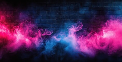 neon pink and blue smoke and mist swirling across a dark textured brick wall, vibrant moody atmospheric scene