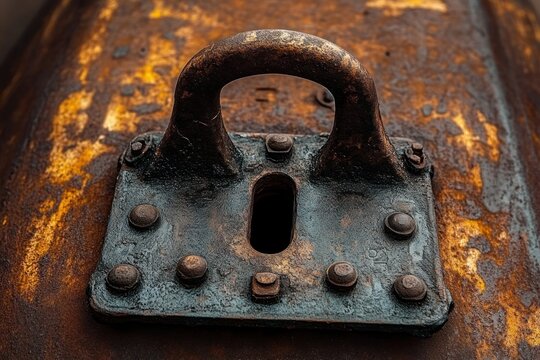 Close-up of a rusty metal lock plate with handle, keyhole and bolted rivets on a corroded weathered surface, evoking age and abandonment - Powered by Adobe