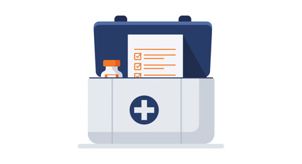 first aid kit illustration with medical checklist and vaccine bottle on white background concept for emergency preparedness guide