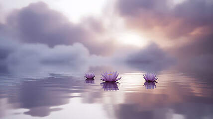 Three purple water lilies floating on a calm lake under a cloudy sky at dawn