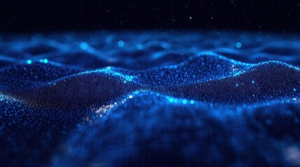 glowing blue particle waves forming an undulating digital landscape under a starry dark background, evoking a calm, futuristic and mysterious mood