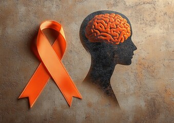 orange awareness ribbon next to a dark human head silhouette with an illuminated orange brain, conveying supportive hopeful mental health awareness