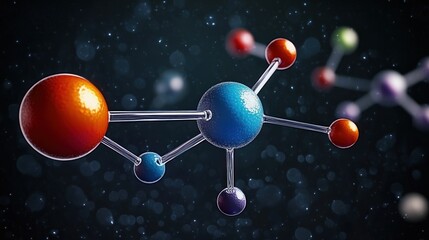 Floating colorful molecular model of connected spheres and rods in dark space with glowing bokeh, evoking scientific curiosity and wonder