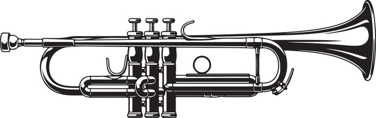 Black silhouette of a trumpet on a white background Keywords: trumpet, musical instrument, brass, instrument, music, sound, melody, orchestra