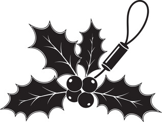 Black silhouette of holly leaves with berries and a hanging loop on white background Keywords: Christmas, holly, leaves, berries, mistletoe, plant