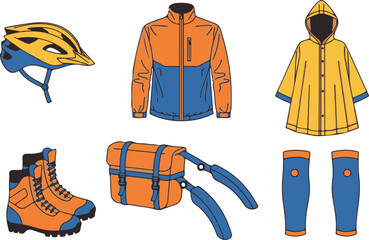 Collection of Cycling Gear and Apparel in Orange and Blue helmet jacket