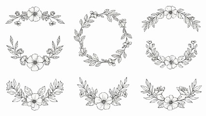 Set of six delicate floral wreaths and borders hand-drawn in a sketchy style.