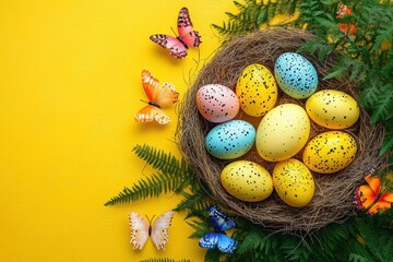 colorful speckled eggs in a bird nest with butterflies and fern leaves on a bright yellow background, cheerful spring mood