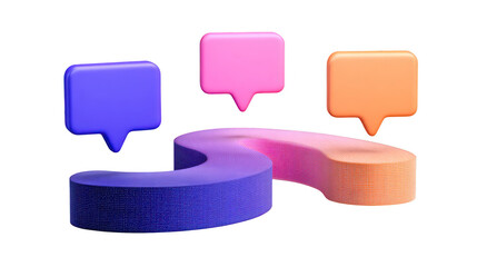 Curved bench with textured surface in purple and orange, surrounded by floating colorful speech bubbles, modern abstract communication concept, playful and creative style