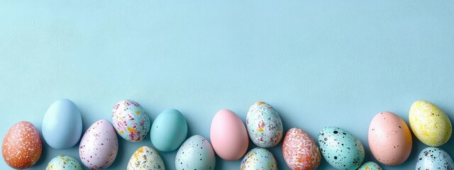 pastel speckled eggs lined along the bottom on a soft blue background, cheerful spring arrangement
