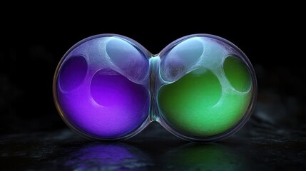 two connected glass spheres containing glowing purple and green fluid on a reflective dark surface, surreal futuristic and mysterious mood