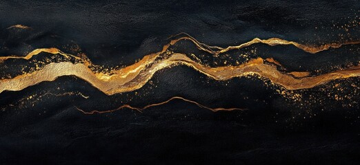 Black textured background with flowing gold metallic streaks and splatters forming elegant abstract waves, luxurious and dramatic mood