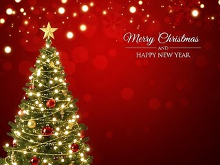 A decorated Christmas tree with golden lights and a star topper on a red background with festive holiday text