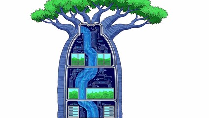 futuristic eco data center inside a giant tree trunk abstract illustration of green technology and sustainable cloud computing concept
