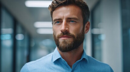 A focused man with a beard and a determined look in an office hallway