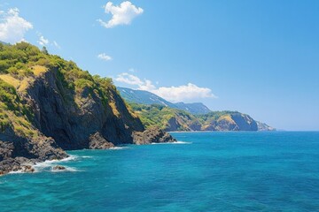 Fototapeta premium Sunlit rocky coastal cliffs meeting turquoise ocean under a clear blue sky with a few clouds and distant green headlands, a serene tranquil seaside landscape
