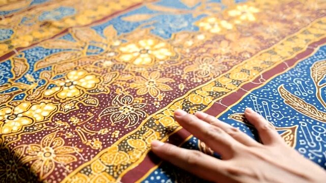Hand touching intricate batik fabric on table
