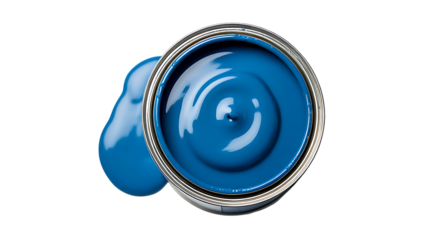 Overhead View of an Open Can of Blue Paint with a Swirl and Spill metal isolated on a transparent background
