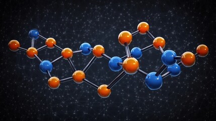 glossy blue and orange atomic spheres connected by metallic rods forming a molecular structure over a glowing network background, evoking scientific wonder