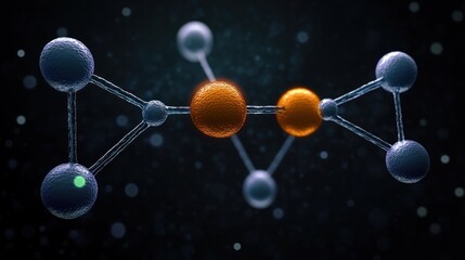 glowing orange and blue molecular structure of connected spherical atoms floating in dark space, evoking scientific curiosity and futuristic wonder