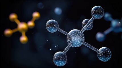 Glowing 3D molecular model of interconnected spherical atoms with digital mesh and connecting bonds, a blurred golden molecule in the background, evoking wonder and scientific discovery