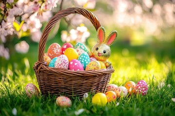 cheerful spring picnic basket filled with colorful speckled eggs and a golden bunny figurine on green grass under blooming pink blossoms
