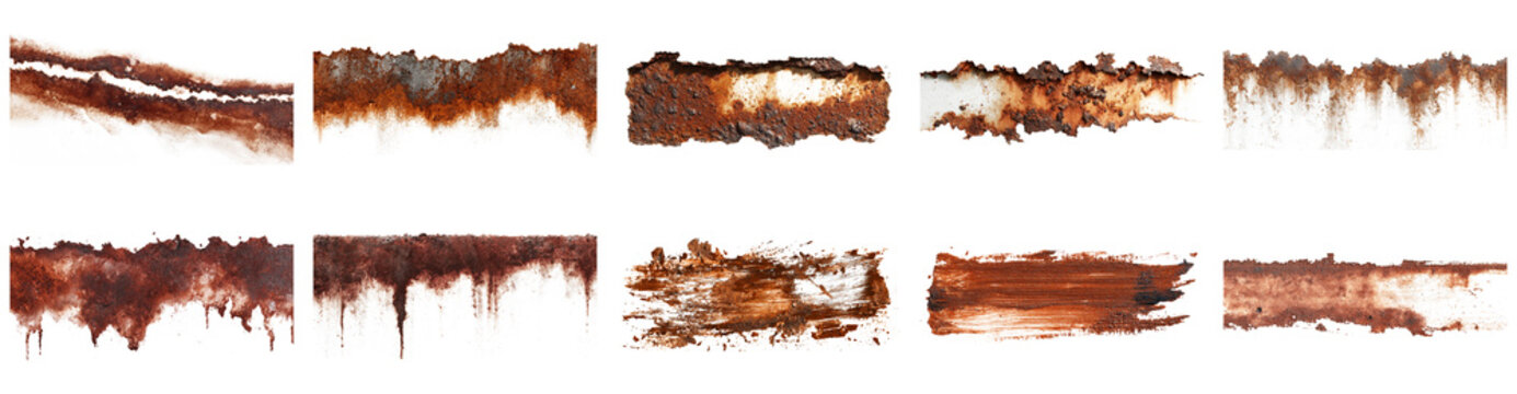 A collection of rust stains on a white background, showcasing different patterns and textures. Perfect for backgrounds and design elements.