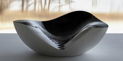 Smooth white sculptural bowl with layered black wave interior on a minimalist table, backlit textured curtain and soft warm shadows, elegant serene modern composition