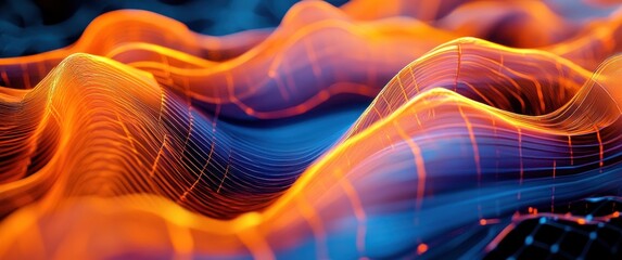Glowing orange and blue undulating wireframe waves forming a flowing neon mesh landscape, dynamic and energetic