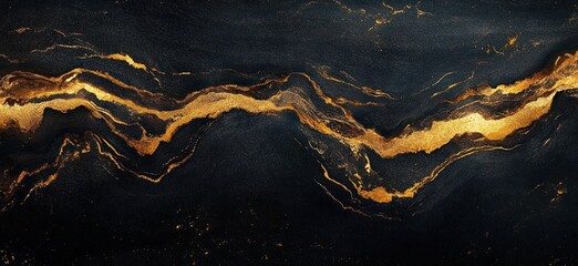 black textured background with flowing molten gold veins and sparkling particles, elegant luxurious abstract marble pattern evoking opulence and calm