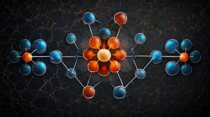 Glowing molecular model of interconnected orange and blue spheres linked by metallic rods on a dark textured background, evoking energy and futuristic precision