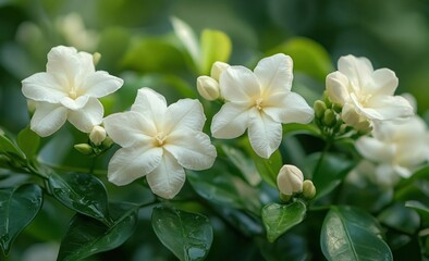 Obraz premium delicate creamy white star-shaped blossoms and unopened buds nestled among glossy green leaves, evoking calm and gentle serenity