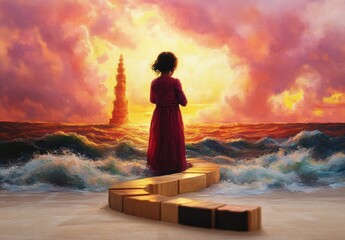 Little girl in a red dress stands on a winding wooden block path at the shore, facing turbulent waves and a distant lighthouse as a golden sunset fills the dramatic sky with wonder and longing