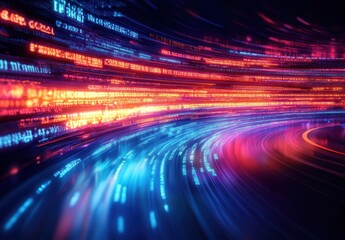 Curving neon data streams of glowing blue and orange code streaking through dark space, conveying speed, motion and futuristic energy