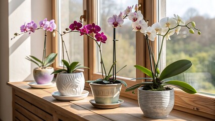 Beautiful potted orchids basking in sunlight on a rustic wooden windowsill, creating a serene indoor garden