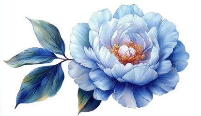 large blue peony with layered soft petals and warm orange center beside three blue-green leaves, delicate serene botanical illustration