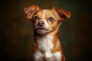 studio portrait of an attentive small dog torso with reddish brown and white fur, perky ears and soft chest fur against a textured dark painterly background, warm curious mood