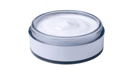 Open glass jar with white moisturizing cream, isolated on transparent background, skincare product, clean and minimal design, beauty concept, freshness, hydration