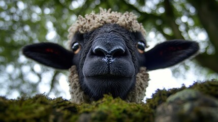 Obraz premium A curious sheep peers from the mossy wall.