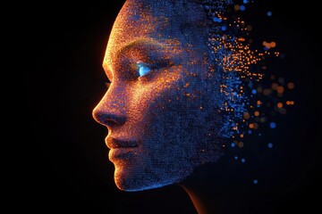 glowing fragmented digital globe of blue and orange particles dissolving into dark space, evoking futuristic wonder and mystery