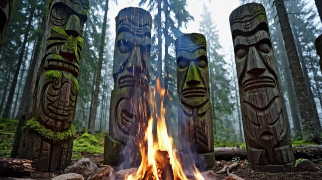 Ancient Carved Wooden Totems Stand Sentinel in a Misty Forest Clearing