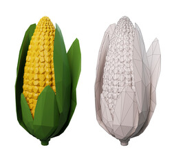 3d render with cartoon low poly corn and wireframe corn isolated on white or transparent background.