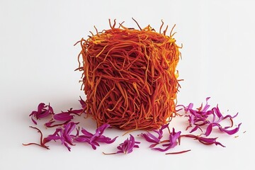 Fototapeta premium vibrant cube of tangled red-orange saffron threads surrounded by scattered purple flower petals on a clean white background, evoking warmth and delicate beauty