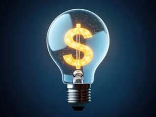 clear glass light bulb with metal screw base containing a glowing golden dollar sign filament and sparks against a dark blue background, evoking bright financial inspiration and optimism