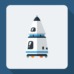 Futuristic spaceship capsule with windows and landing gear.