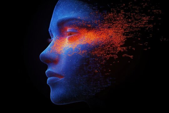 dark futuristic digital globe with blue wireframe sphere and dispersing red pixel particles, moody fragmented data visualization - Powered by Adobe